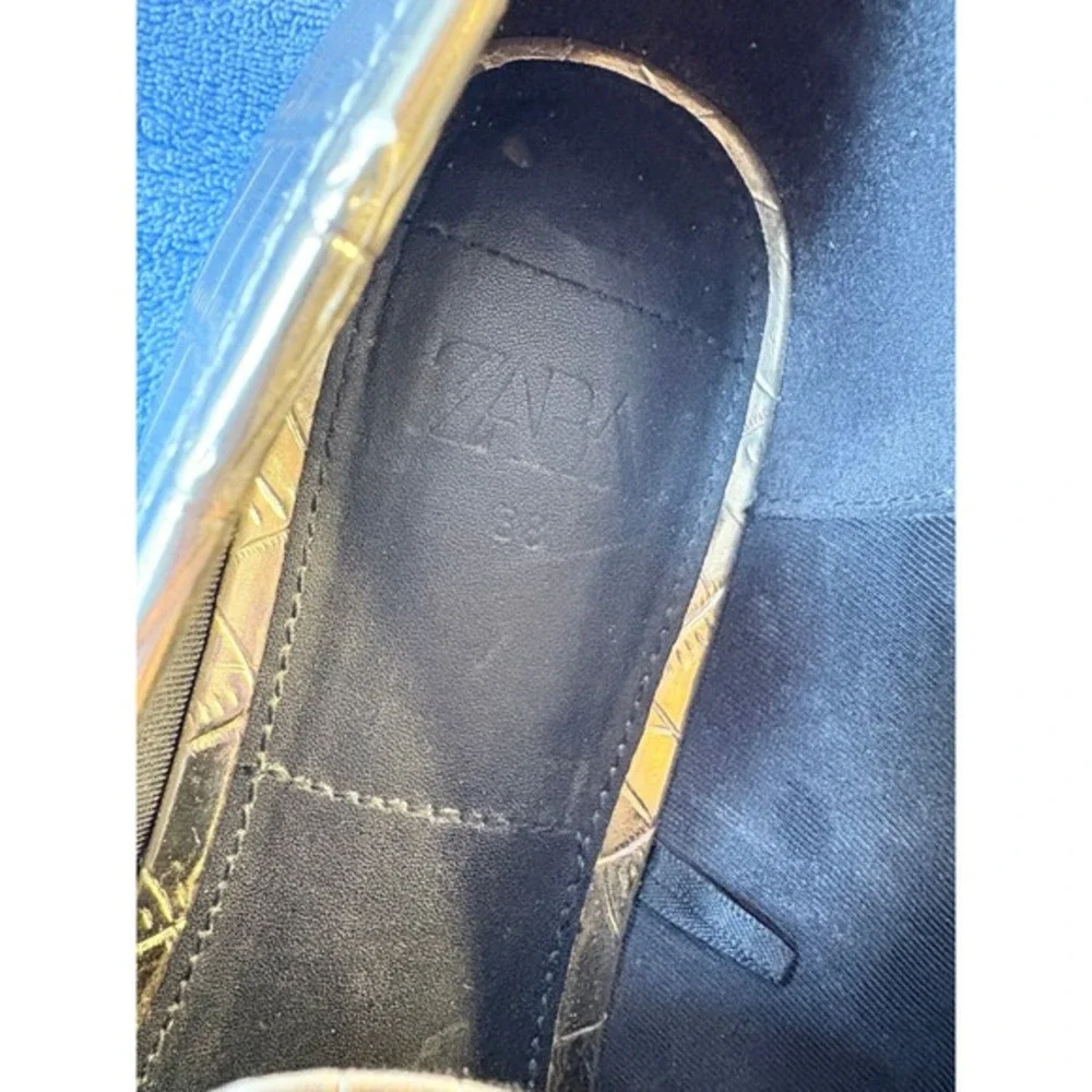 Zara Gold Metallic Croc Embossed Penny Loafers Size 38 Slip On‎ Shoes